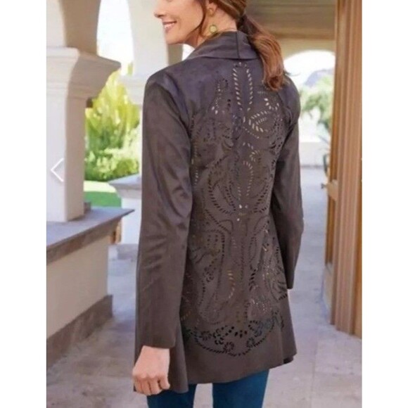 Soft Surroundings Womens M Brown Faux Suede Robin Lasercut Cowgirl Rodeo Open - Picture 2 of 7